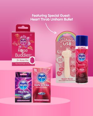 Collection of Skins products including 'Rose Buddies', 'Dots & Ribs', 'Vibe Ring', 'Heart Throb Unicorn Bullet', and 'Excite' on a pink background.