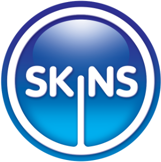 Logo of the television series 'Skins' with a blue and white color scheme.