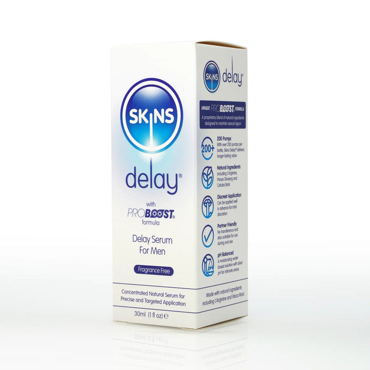 A box of the Skins Delay Serum, turned slightly to the left on a plain white background 