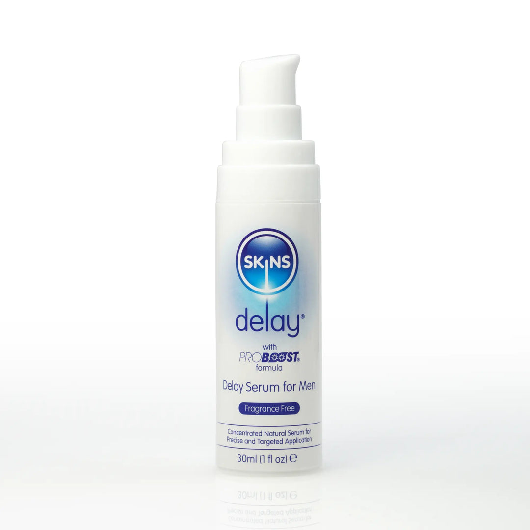 A bottle of Skins Delay Serum on a plain white background 