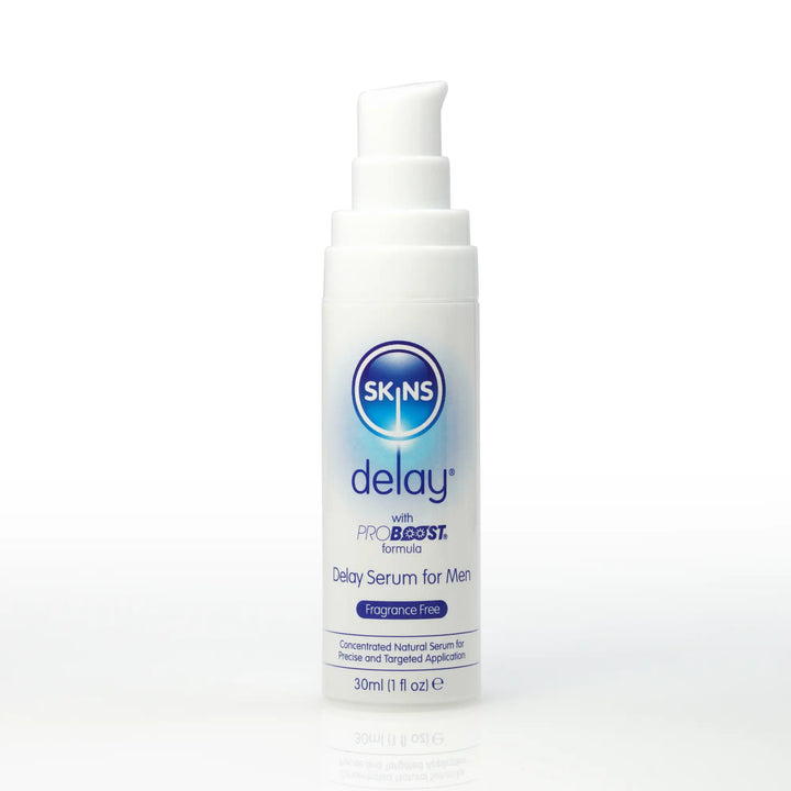 A bottle of Skins Delay Serum on a plain white background 