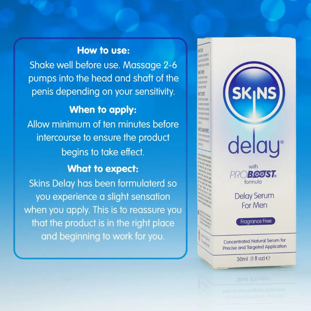 A blue gradient background, to the left a square of information on how to use, when to apply, and what to expect from the Skins Delay Serum. To the right of this an image of the Skins Delay Serum.