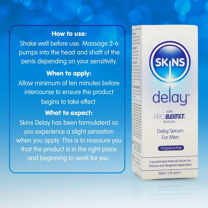 A blue gradient background, to the left a square of information on how to use, when to apply, and what to expect from the Skins Delay Serum. To the right of this an image of the Skins Delay Serum.