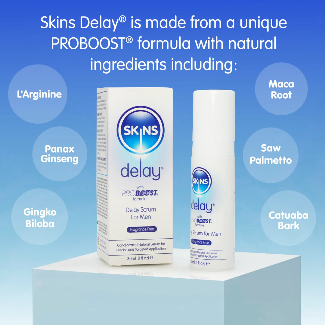 A blue gradient background, in the middle a Skins Delay Serum box and Skins Delay Serum bottle stood on a square white podium. Above some text explaining the natural formula and to the left and the right of the Delay Serum 3 circles, each with an ingredient