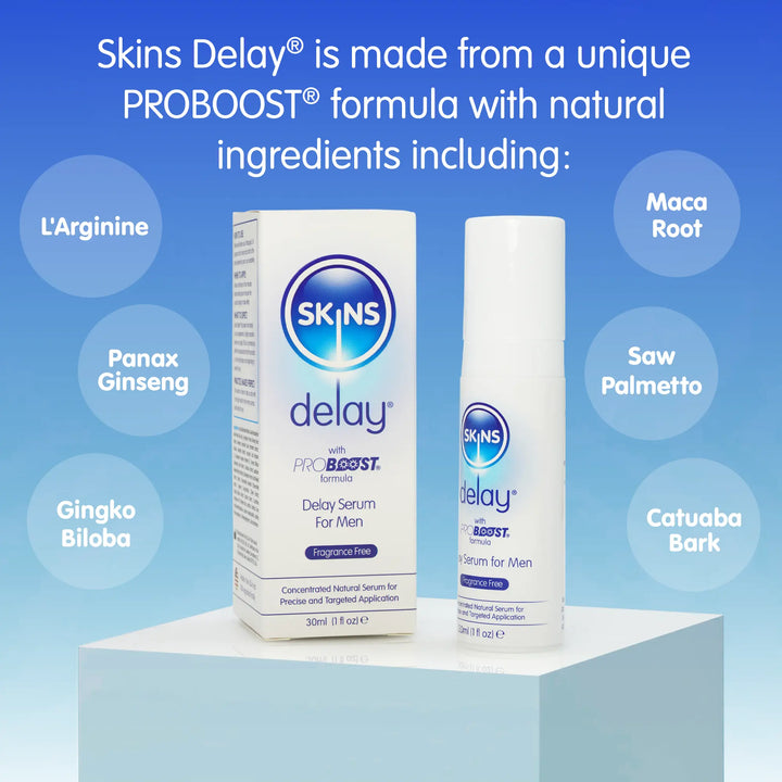 A blue gradient background, in the middle a Skins Delay Serum box and Skins Delay Serum bottle stood on a square white podium. Above some text explaining the natural formula and to the left and the right of the Delay Serum 3 circles, each with an ingredient