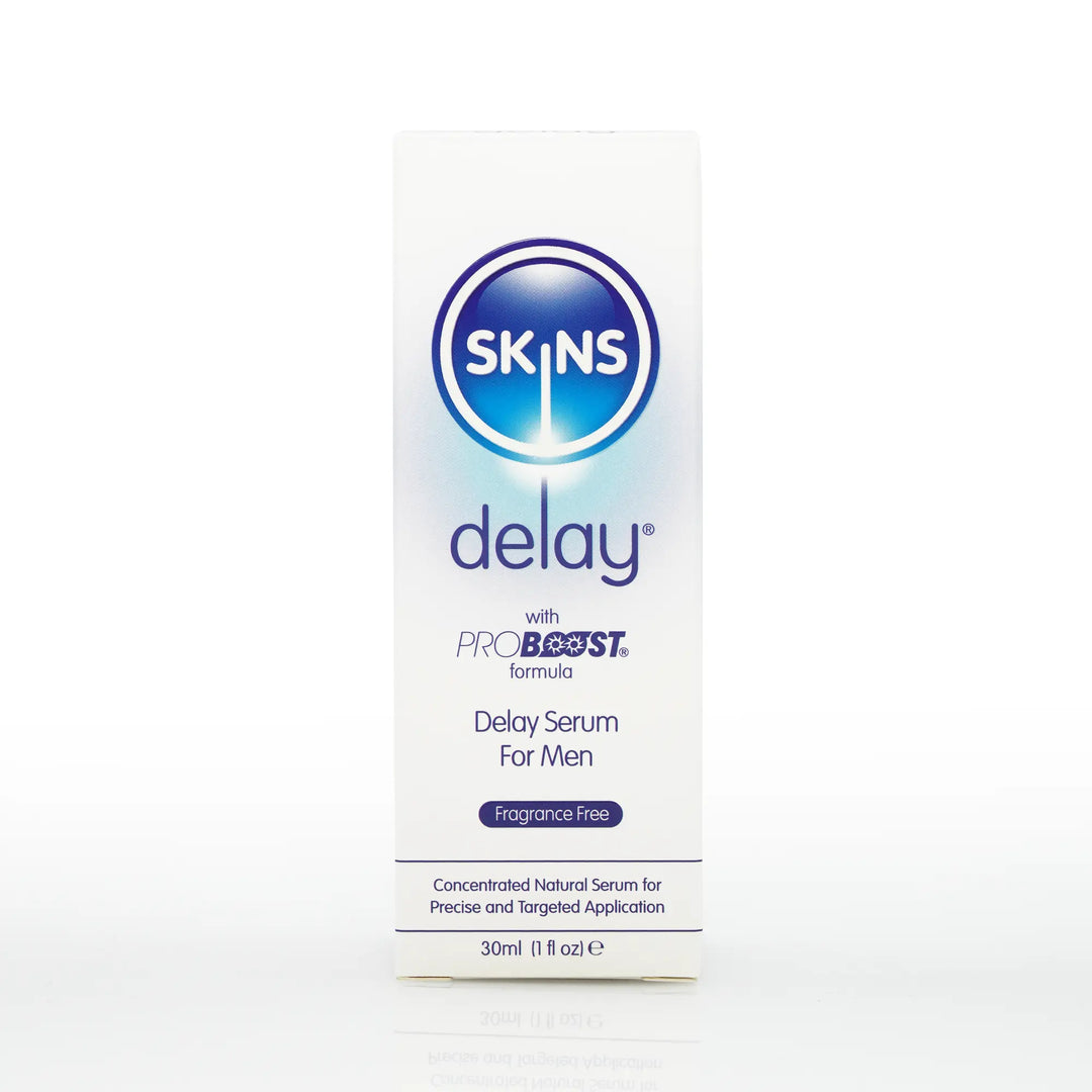 A box of the Skins Delay Serum on a plain white background 