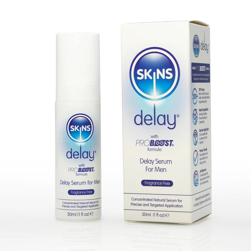 The box of the Skins Delay Serum and bottle of Skins Delay Serum stood next to each other and on a plain white background 