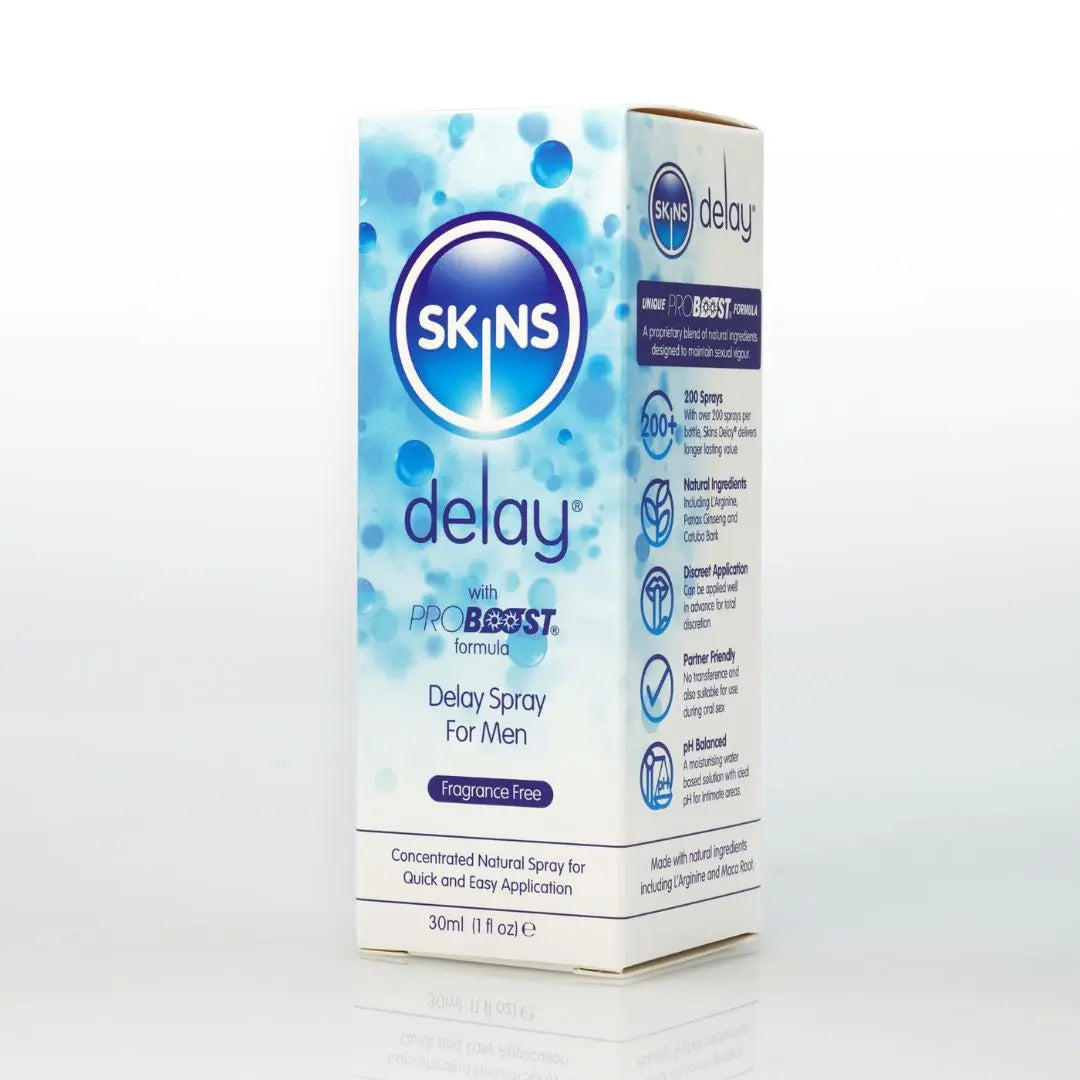 A box of the Skins Delay Spray, turned slightly to the left, on a white background