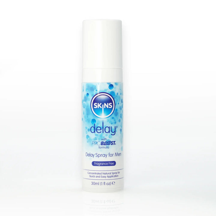 A bottle of the Skins Delay Spray on a plain white background 