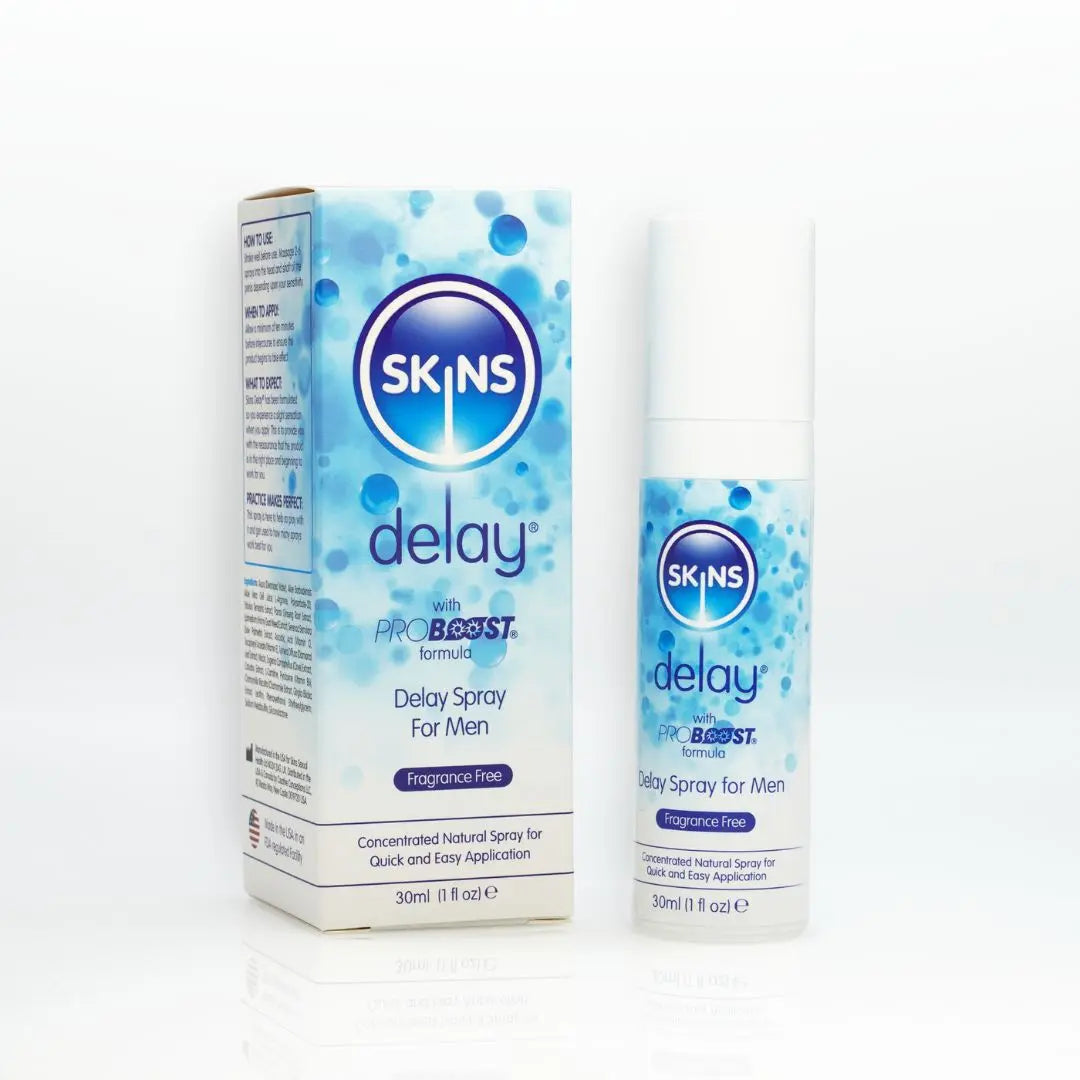A box of Skins Delay Spray and a bottle of the Skins Delay Spray stood on a plain white background 