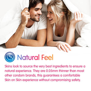 A white couple laying on their front with the duvet over their heads, below this an explanation of the Natural Feel of the condoms 