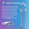 Purple to blue gradient background with the title at the top of the page "Clear Condoms" and underneath an explanation of the Invisitex clear condoms material. On the right, a condom over a clear glass dildo