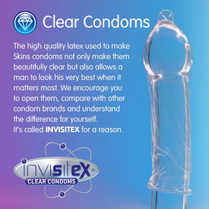Purple to blue gradient background with the title at the top of the page "Clear Condoms" and underneath an explanation of the Invisitex clear condoms material. On the right, a condom over a clear glass dildo