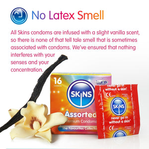 The title "No Latex Smell" and underneath an explanation of the vanilla scent of Skins Condoms. Underneath this a box of 16 Assorted Condoms, a condom foil and a fresh vanilla pod. 