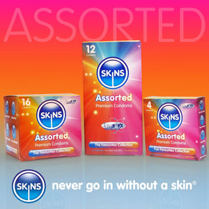 A pink to orange gradient background with a 16, 12, and 4 pack of Skins Assorted condoms lined up. The word ASSORTED above, and underneath the Skins logo with the slogan "never go in without a skin". 