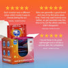 An orange, pink, and blue gradient background with 3, 5 star reviews and on the left, an open box of assorted condoms with foils pointing out.
