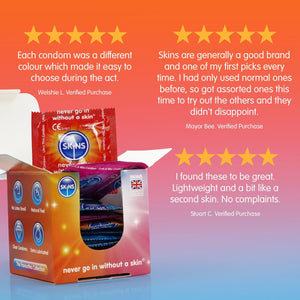 An orange, pink, and blue gradient background with 3, 5 star reviews and on the left, an open box of assorted condoms with foils pointing out.