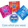 A white background with 3 condom foils fanned out over the blue skins logo. Underneath the slogan "care what you wear". 