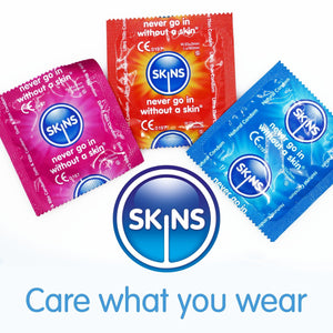 A white background with 3 condom foils fanned out over the blue skins logo. Underneath the slogan "care what you wear". 