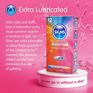 A bright pink background with the title "Extra Lubricated". Underneath an explanation of why and how our condoms are extra lubricated. On the right, a box of 12 Assorted condoms stood on a round, white stand with the Skins slogan "never go in without a skin".