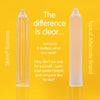 A bright yellow background. On the left a Skins condoms stretched out to show how clear it is. On the right a less clear alternative brand condom.