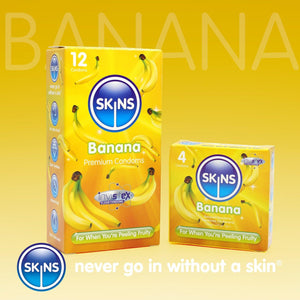 A bright yellow gradient background with the word BANANA faded in the background. In the middle of the image, a pack of 12 Skins Banana Condoms, and a 4 pack of banana condoms. At the bottom left a blue Skins logo and slogan "never go in without a Skins".