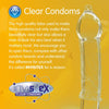 A bright yellow background with the heading "Clear Condoms". Below this some text on the high-quality Invisitex  latex used in Skins Condoms. On the right a clear Skins condoms on a glass dildo. 