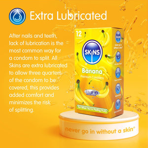A bright yellow background with the heading "Extra Lubricated". Under this an explanation of why Skins condoms have extra lubrication. On the right, a box of 12 skins banana condoms stood on a short, white, circular platform. 
