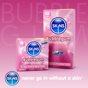 A pink gradient background, the word Bubblegum translucent in the background. Over this, a pack of 4 and a pack of 12 bubblegum condoms. On the bottom left a blue skins logo with the slogan "never go in without a skin"