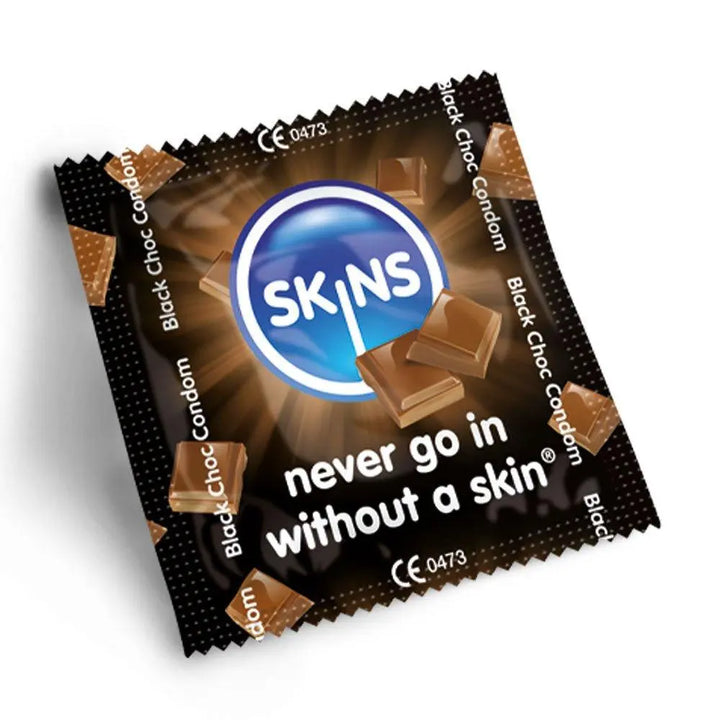 A Skins chocolate condom foil on a white background 