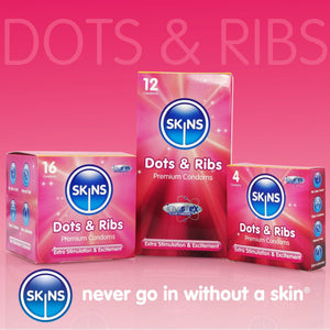 A pink gradient background with the title "Dots & Ribs" Under this, 3 boxes of condoms - a 16, 12, and 4 pack. At the bottom the skins logo and slogan "never go in without a skin". 