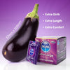 A purple gradient background with an aubergine behind a pack of 16 condoms  and an extra large condom foil 