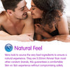 A couple on their front, facing the camera, under the covers. Under this the heading "Natural Feel" and under this, an explanation of why skins condoms have a great natural feel