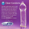 A purple gradient background with the heading "Clear Condoms" and under this an explanation of the high quality latex and Invistex used to make Skins condoms. On the right a clear skins condom on a glass dildo. 