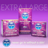 A purple gradient background with the heading "Extra Lubricated". Under this a pack of 16, 12, and 4 condoms, and under this a blue skins logo with the slogan "never go in without a skin".