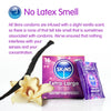 A white background, with the heading "No Latex Smell" and under an explanation about the vanilla scent of Skins Condoms. Under this a pack of 16 condoms with an extra large condom foil and some fresh vanilla.