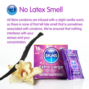 A white background, with the heading "No Latex Smell" and under an explanation about the vanilla scent of Skins Condoms. Under this a pack of 16 condoms with an extra large condom foil and some fresh vanilla.