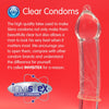 A red background with the heading "Clear Condoms". Under this, an explanation of the high quality latex, Invisitex, and under this the Invisitex logo. On the right  a clear condom over a clear dildo. 
