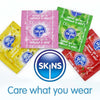 One of each flavour condom (Banana, Bubblegum, Mint, Strawberry) fanned out over a blue Skins logo. Under this the phrase "Care what you wear". All on a white background.