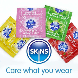 One of each flavour condom (Banana, Bubblegum, Mint, Strawberry) fanned out over a blue Skins logo. Under this the phrase "Care what you wear". All on a white background.