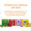 A white background with the heading "Tantalise your tastebuds with Skins". Under this an explanation of the 4 flavours in the condom pack. At the bottom the 4 flavour foils lined up.