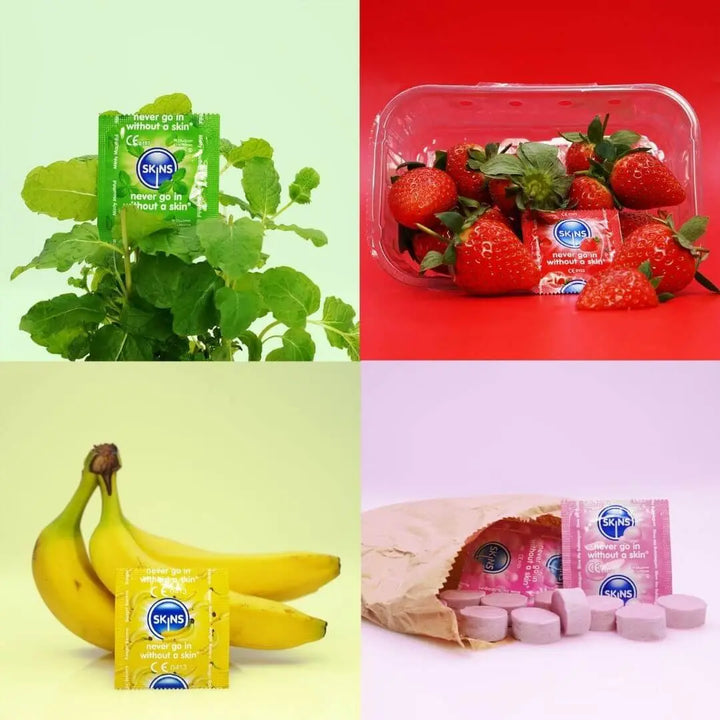 One square graphic split into 4. The top right square, a mint green background, a mint condom foil on mint leaves. The top right image, a red background, and a strawberry condom foil in a punnet of of strawberries. The bottom left image, a pale yellow background, and a banana condoms foil in front of a bunch of bananas. The bottom right image, a pale pink background, and some bubblegum condom foils with a bag of pink bubblegums. 