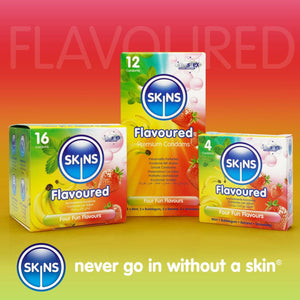 A red, orange, and yellow gradient background, at the top the heading "Flavoured". Under the heading 3 boxes of Skins condoms lined up, a 16, 12, and  4 pack. Under this on the left, the blue Skins logo next to the slogan, "never go in without a skin". 