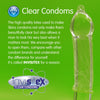 A bright green background with the heading "Clear Condoms" and underneath an explanation of the high quality latex Invisitex that is used to make skins condoms. On the right, an image of a clear skins condom over a glass dildo. On the bottom left, an Invisitex logo.