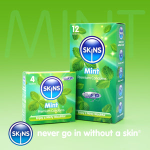 A green gradient background with a transparent heading "MINT". In the middle, a box of 4 mint condoms, and a box of 12 mint condoms stood next to each other. At the bottom left hand side of the page, a blue Skins logo, and next to this the slogan "never go in without a skin". 