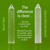 A forest green background, on the left, a clear Skins condom, and on the right a less clear, alternative brand condom