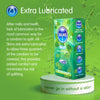 A bright green background with the heading "Extra Lubricated" and underneath an explanation of why skins condoms are so lubricated. On the right, a pack of 12 skins condoms stood on a small, circular, white plinth with a splash of lube in the background
