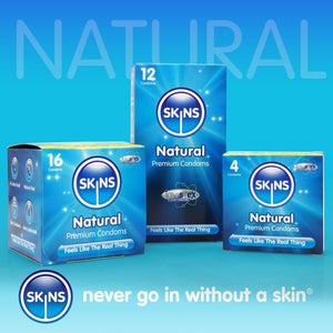 Skins Natural Condoms, 16 pack, 12 pack, and 4 pack lined up on a blue gradient background with the word Natural above and Skins logo and slogan "Never go in without a skin" below.