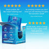 A blue gradient background with 3, 5 star reviews and an open box of Skins Natural Condoms with a foil sticking slightly out 