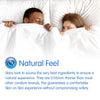 Interracial couple in bed looking at each other with the covers pulled up just below their eyes. At the bottom of the graphic an explanation of the Natural Feel condoms